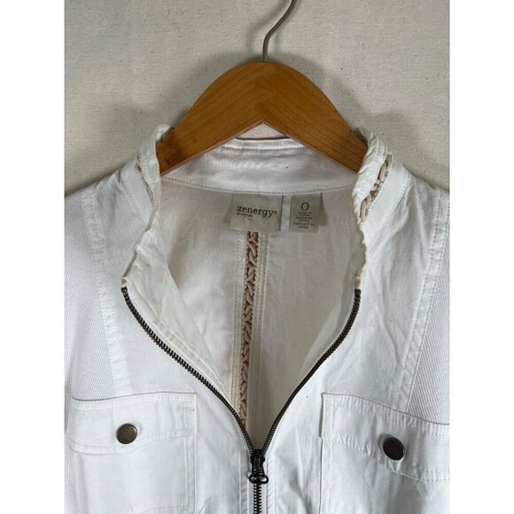 Zenergy Womens Size 0 White Zipper Jacket Top Knit insert Lace Embroidered Trim - Picture 3 of 12